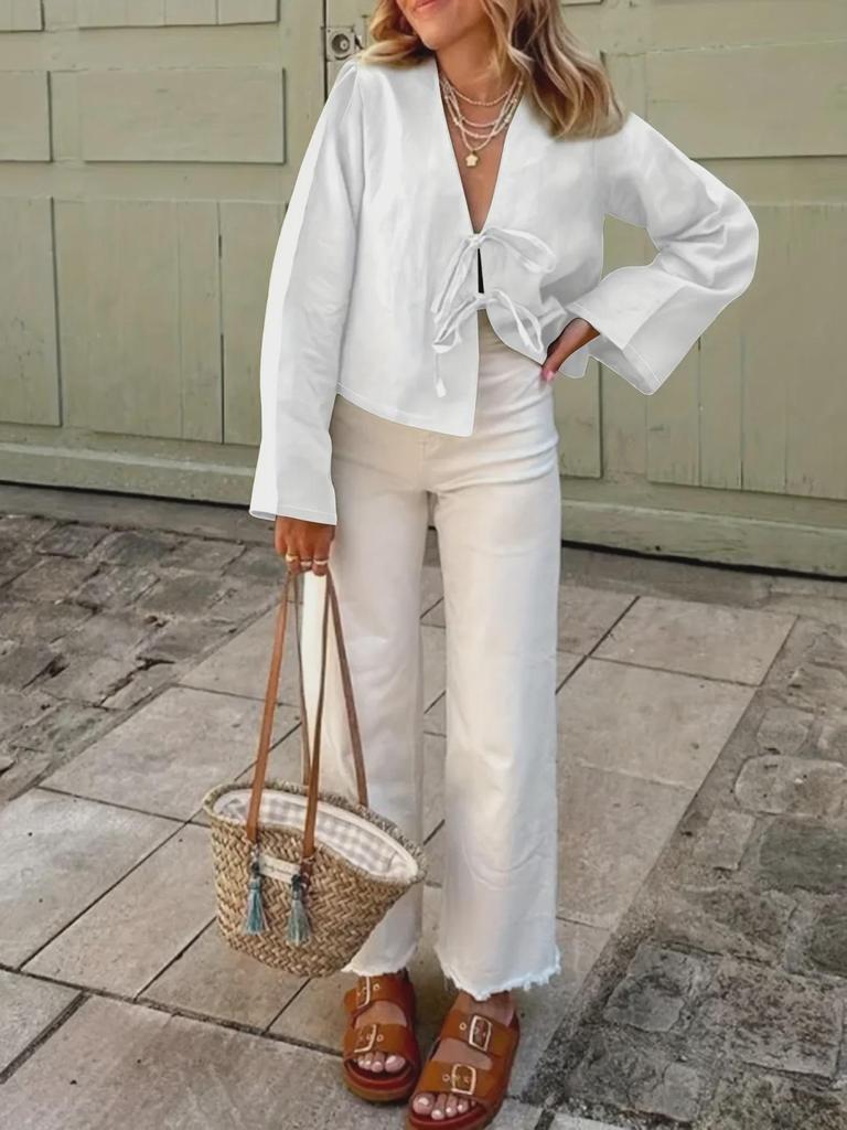 Женская рубашка Commuter Shirt с длинным рукавом, V-образным вырезом, шнуровкой, однотонная