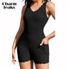 Women Scalloped Ribbed One Piece Swimsuit Boyleg Side Pocket Bathing Suit