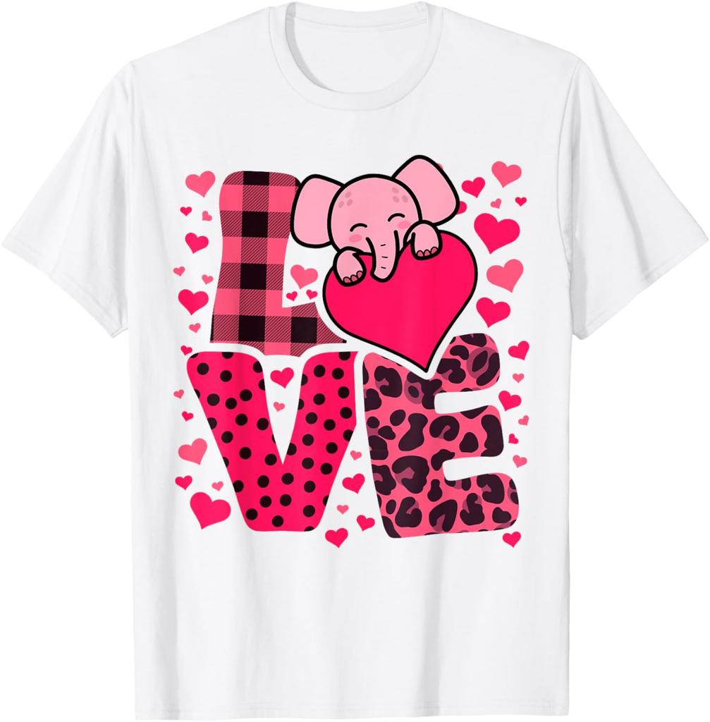 Cute Elephant Love Hearts Valentines Day Graphic Tee Soft Breathable Casual T-Shirt