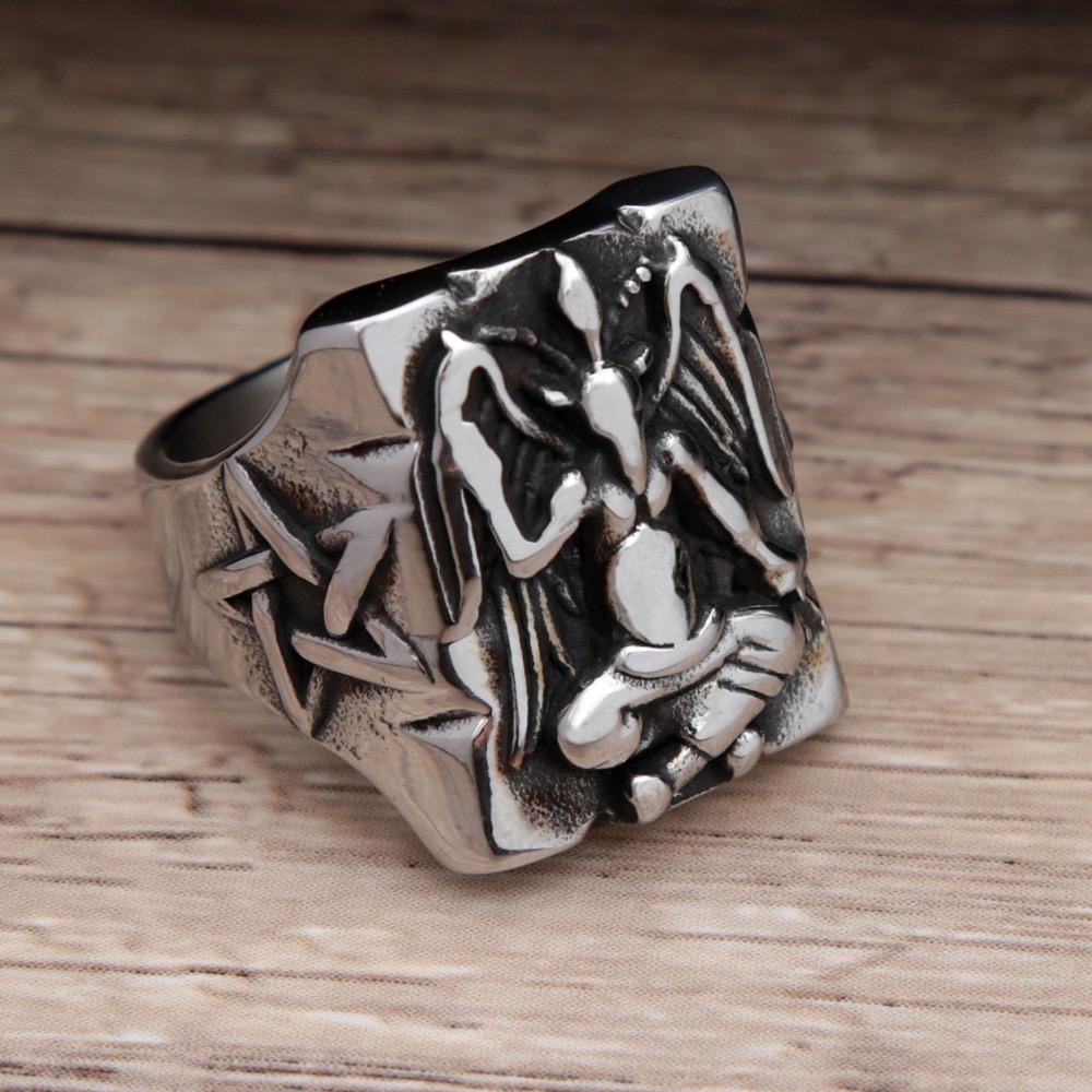 Gothic Vintage Stainless Steel Baphomet Ring Seal of Sata Pentagram Sigil Statement Rings for Men Women Fashion Biker Jewelry
