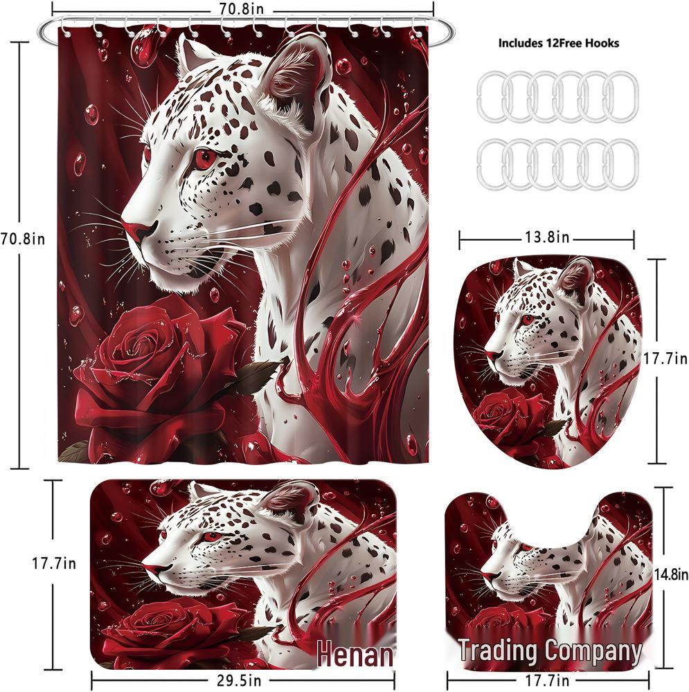 Набор для ванны "Роза и Леопард": Шторка для душа, Нескользящий коврик, Чехол на крышку унитаза, Коврик для ванной комнаты и 12 крючков