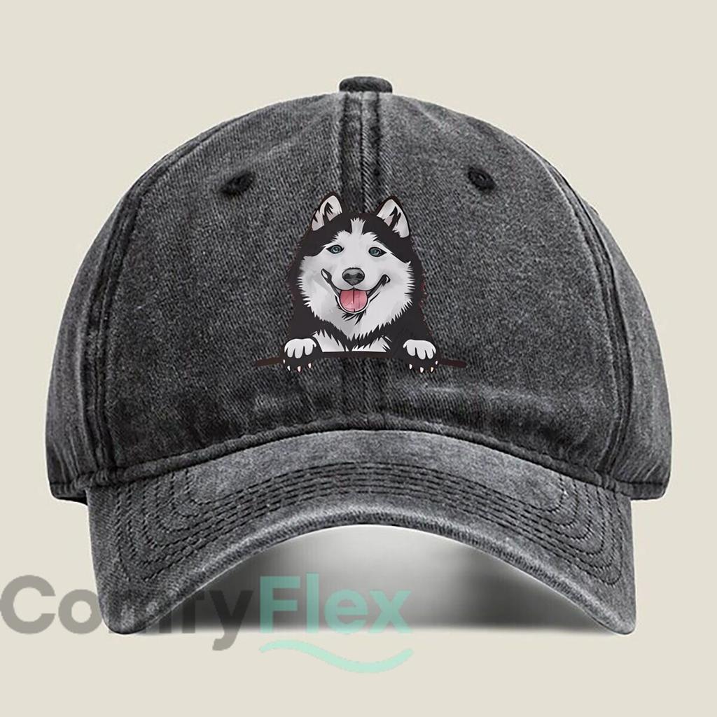 Happy Husky Portrait Fashion Washed Baseball Cap Hat Outdoor Activities