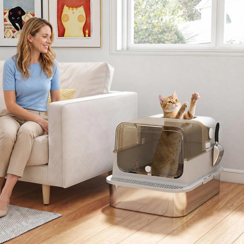 XXL Stainless Steel Cat Litter Tray Enclosed Cat Litter Box With 90 degrees Flip Cover Double Doors Scoop Easy Clean Grey