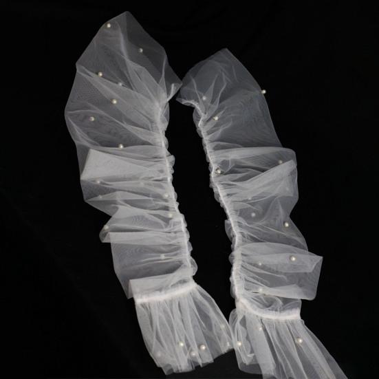 1 Pair Women Prom Arm Covers See-through Lace Faux Pearl Decor Thin Ruffle Pleated Fingerless Literary Style Performances Bride Photo Prop Arm Cuffs