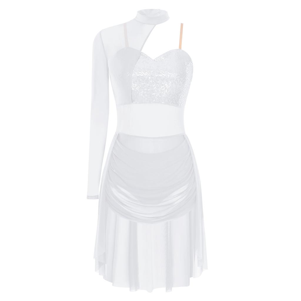 Женский лирический костюм для танца Водолазка Регулируемые бретели-спагетти На одно плечо Один рукав Леотард с пайетками