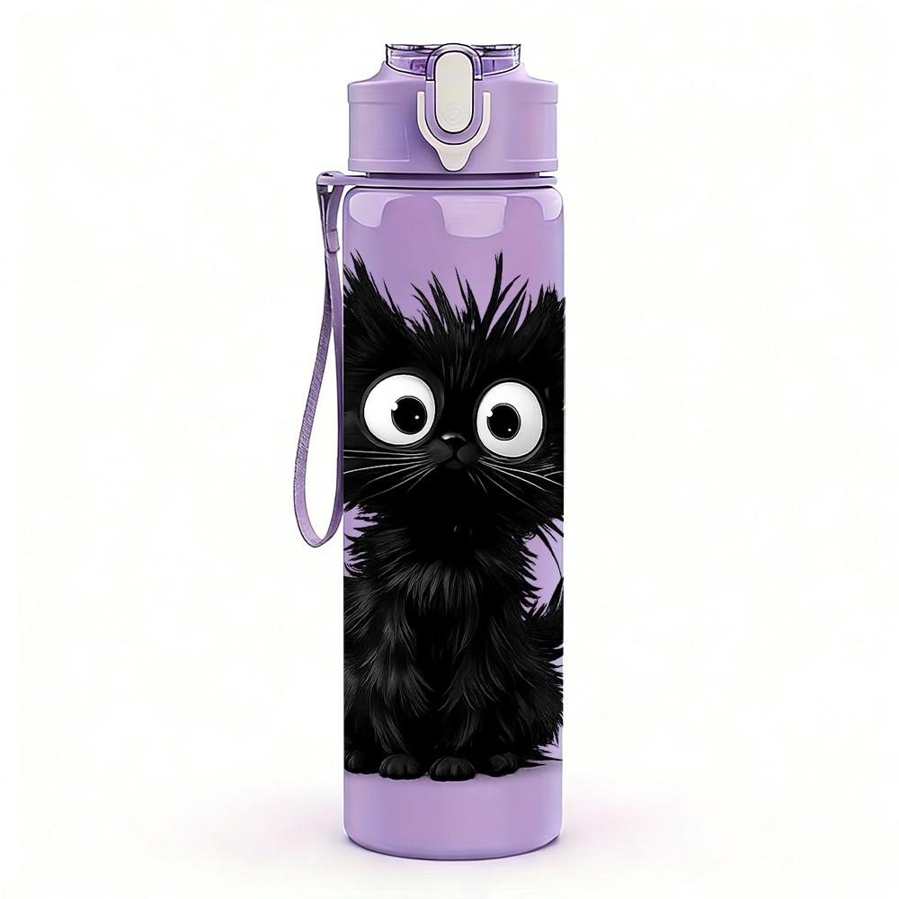 1PC Fluffy Black Cat Cartoon Print 750ml Color Plastic Sports Water Bottle Leakproof Flip Straw Lid Suitable for Sports Office Home Use