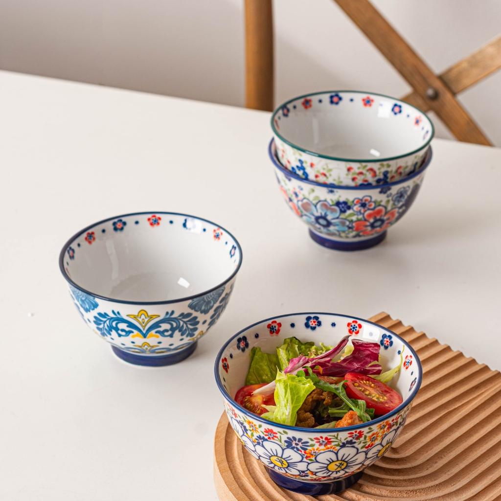 Винтажные польские рисовые миски - Набор из 4 шт., Керамические, Ручная роспись, Для супа, салата, йогурта
