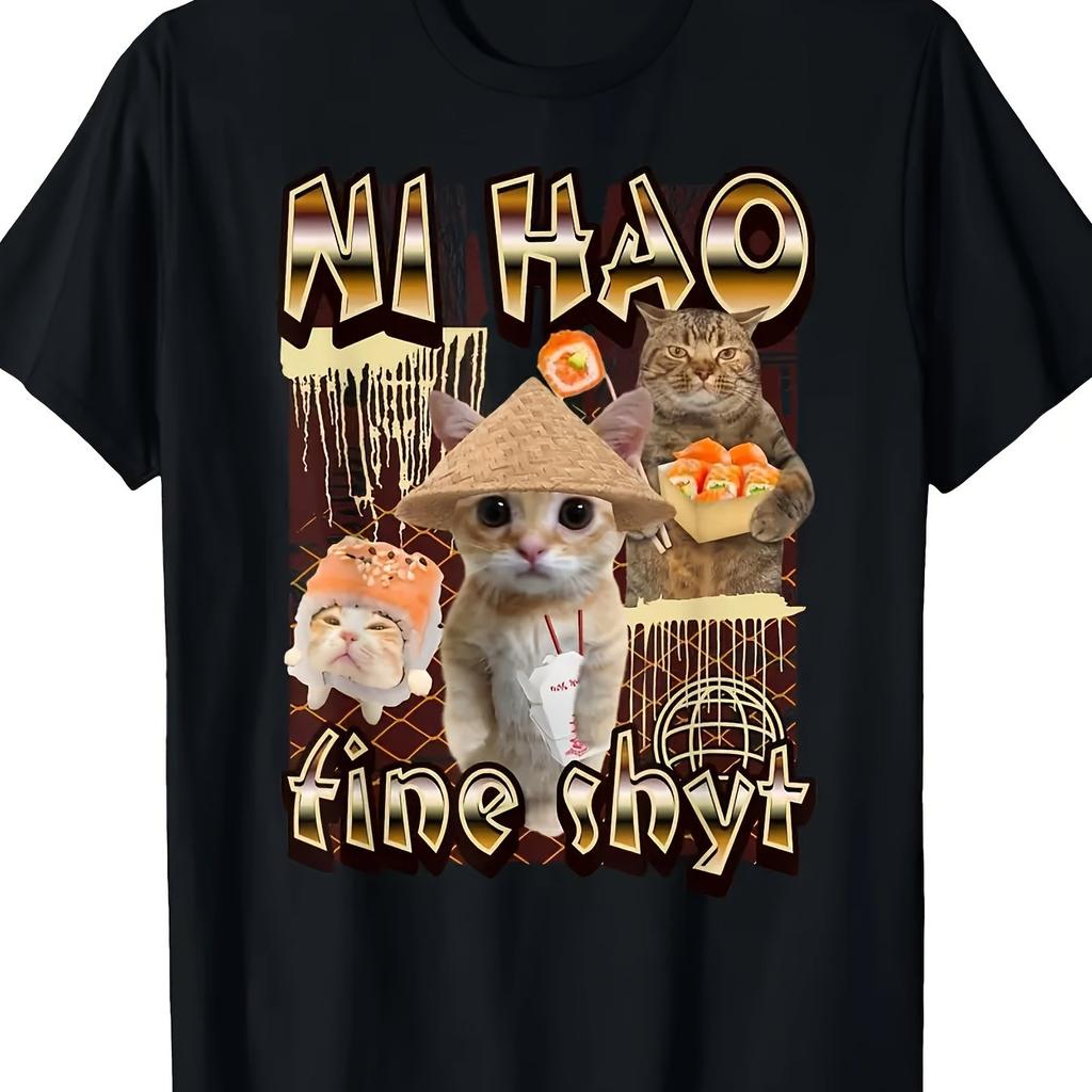 Ni Hao Fine Shit Cat Суши Графическая Футболка Смешная Унисекс Хлопковая Повседневная Футболка с Коротким Рукавом
