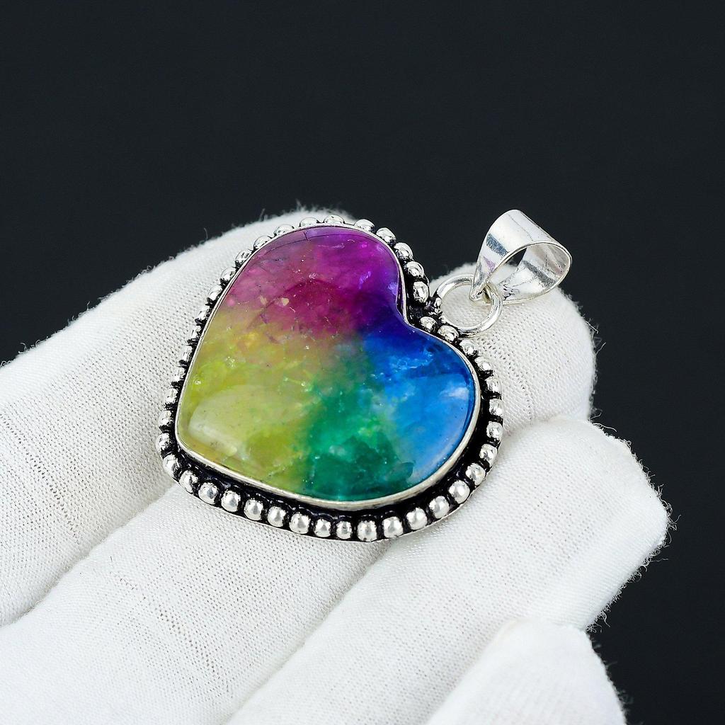 Heart Shape Rainbow Solar Quartz Gemstone Handmade Pendant, 925 Sterling Silver Pendant, Natural Rainbow Solar Pendant, Jewelry For Gift