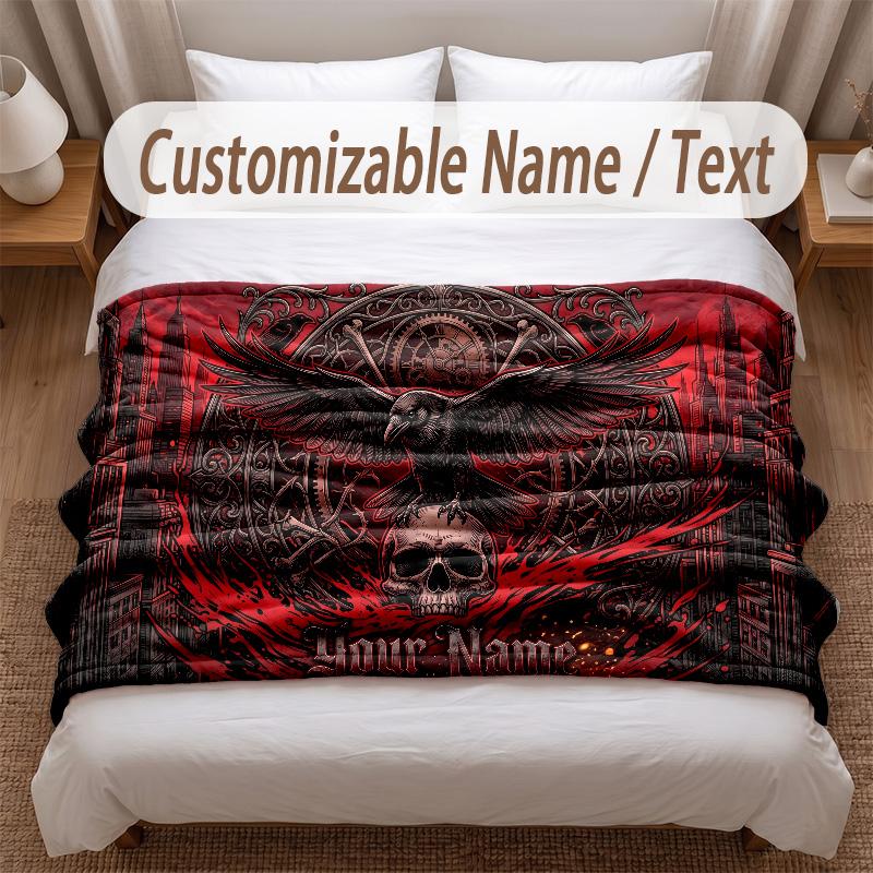 Skull Gothic Theme Soft Blanket Personalized Custom Name Text Print Warm Blanket Home Sofa Bedroom Decor