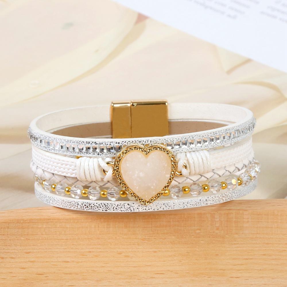 Leather Bracelet PU Beaded Bracelet Heart-Shaped Gemstone Multi-Layer Braided Wrist Jewelry Gifts