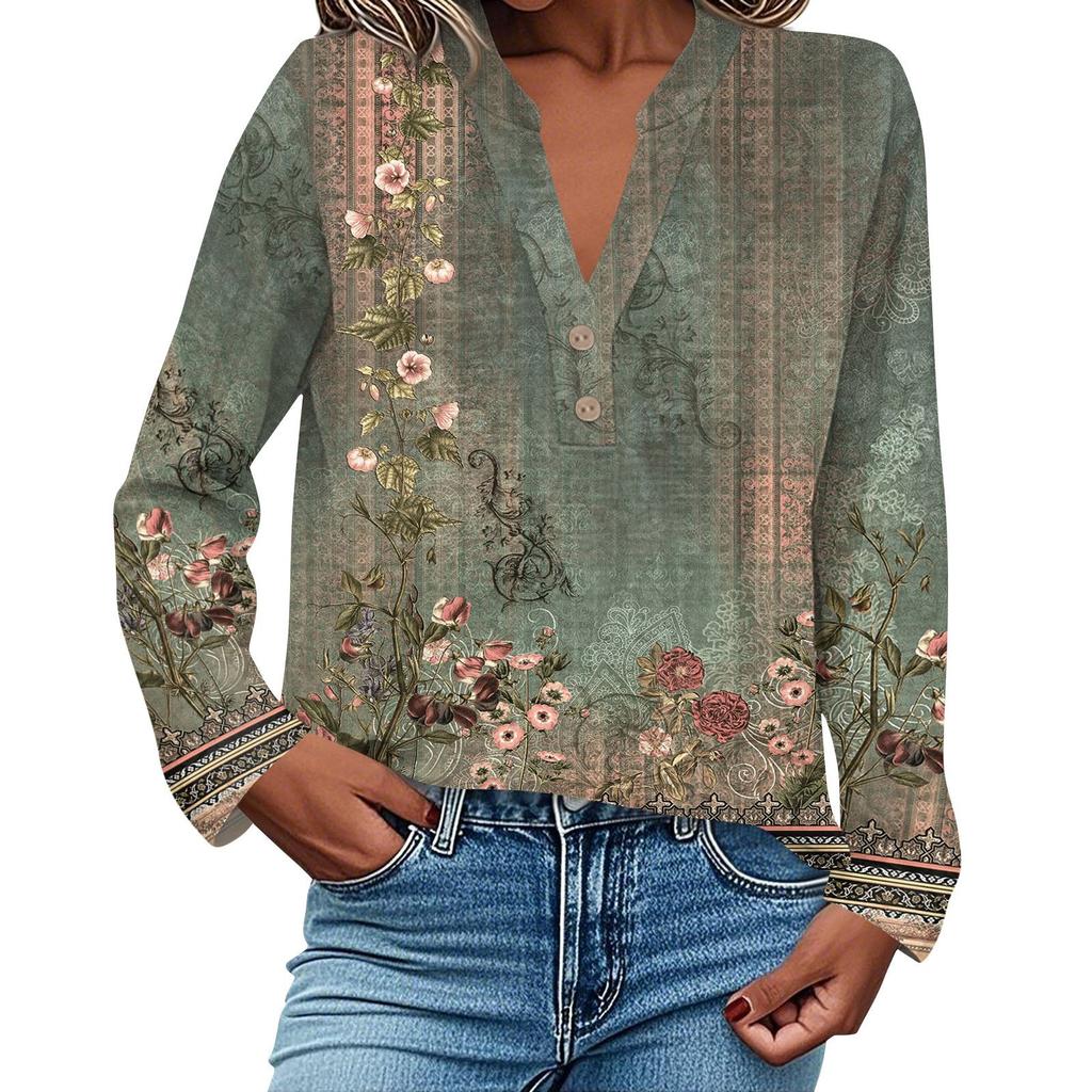 Женская модная и повседневная рубашка с длинным рукавом, V-образным вырезом, на пуговицах, с принтом, блузка, топ