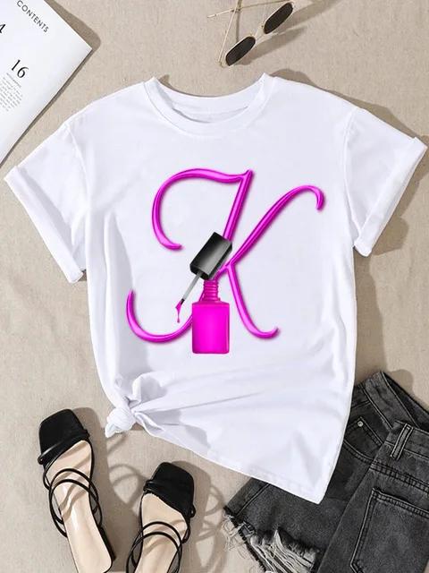 Summer Women's Short Sleeve T-shirt Dazzle Nail Polish Letter Print Large Size Shirt Fashion Girl Crewneck Tshirt Aesthetic Tee