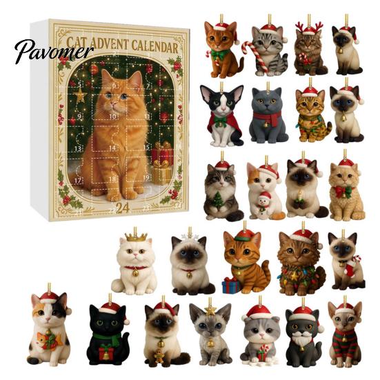 Cute Cat Decorations 24 Day Advent Calendar with Acrylic Christmas Ornaments, 2D Flat Holiday Home Decoration Hanging Decorations, Xmas Tree