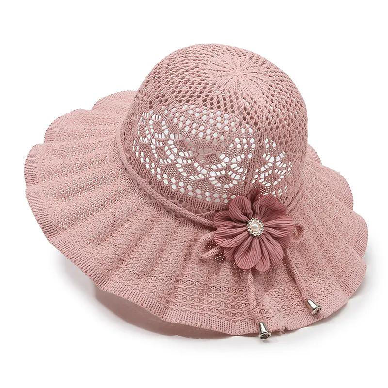 WTEMPO Women Spring Summer Wide Brim Bow Flower Solid Color Sun Hats Hollow-out Outdoor Breathable Foldable Beach Sunscreen Hats