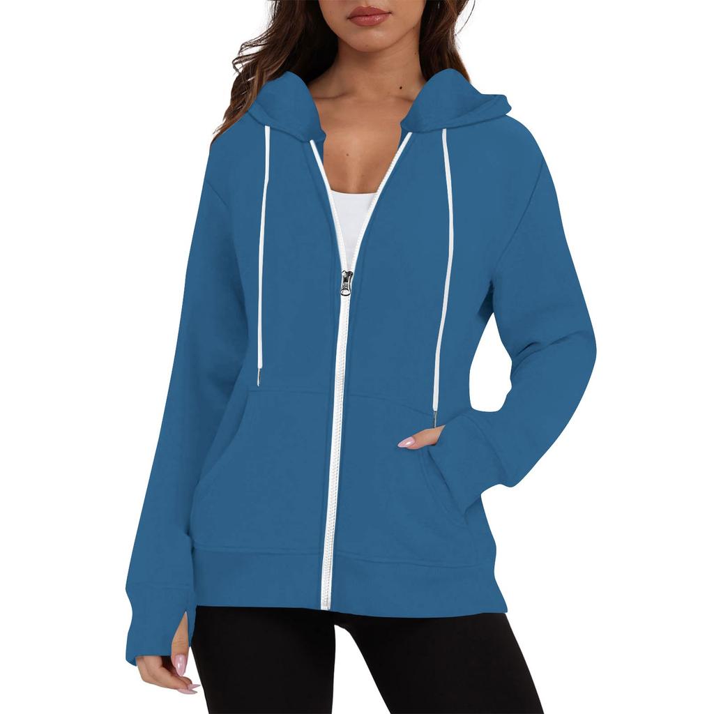 Женская модная однотонная толстовка с длинным рукавом, карманом, шнурком, капюшоном, молнией, отверстием для большого пальца