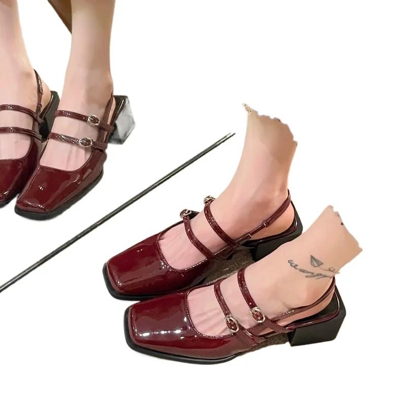 Мода 2024 года, новые весенние туфли с искусственным лакированным покрытием на высоком каблуке с ремешками, модные туфли-лодочки с открытой пяткой для женщин с квадратным носком