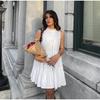 Элегантное короткое А-силуэтное платье с оборками для женщин, со шнуровкой, с круглым вырезом, без рукавов, платья для отпуска, женское белое платье для вечеринки