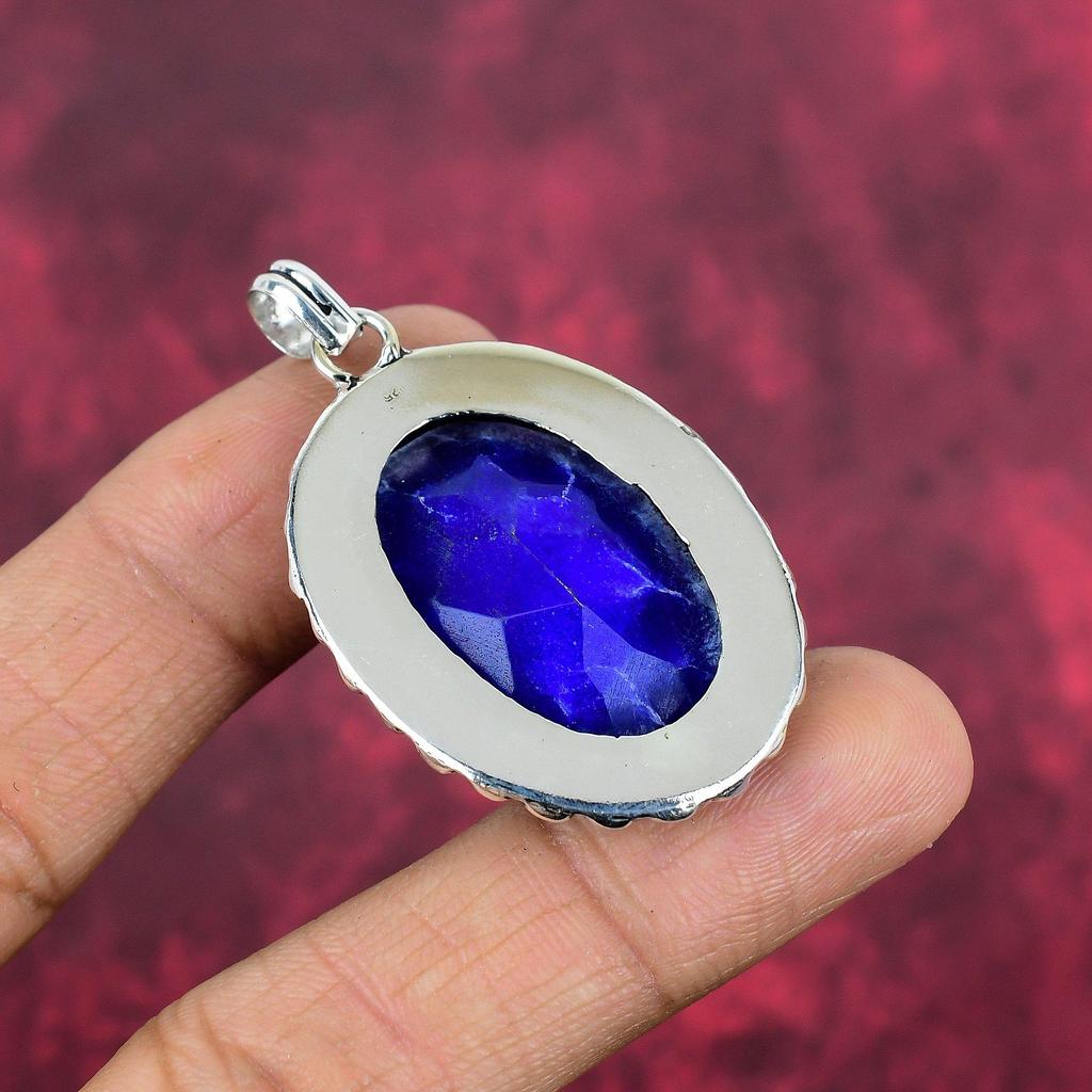 Blue Sapphire Pendant, Handmade Gemstone Pendant Jewelry, 925 Solid Sterling Silver Pendant Antique Jewelry, For Engagement Gift