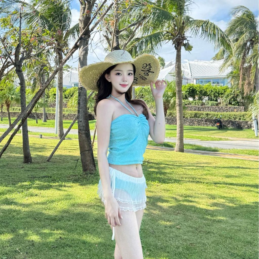 Pure desire wind dopamine yellow egg flower split skirt bikini swimsuit three-piece beach skirt island vacation