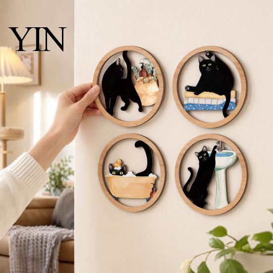 Rounded Corner Wood Art 4 Pcs Minimalist Black Cat Wall Art, Geometric Round Circle Wooden Non-toxic Coating Decor, Abstract Hanging Sign for