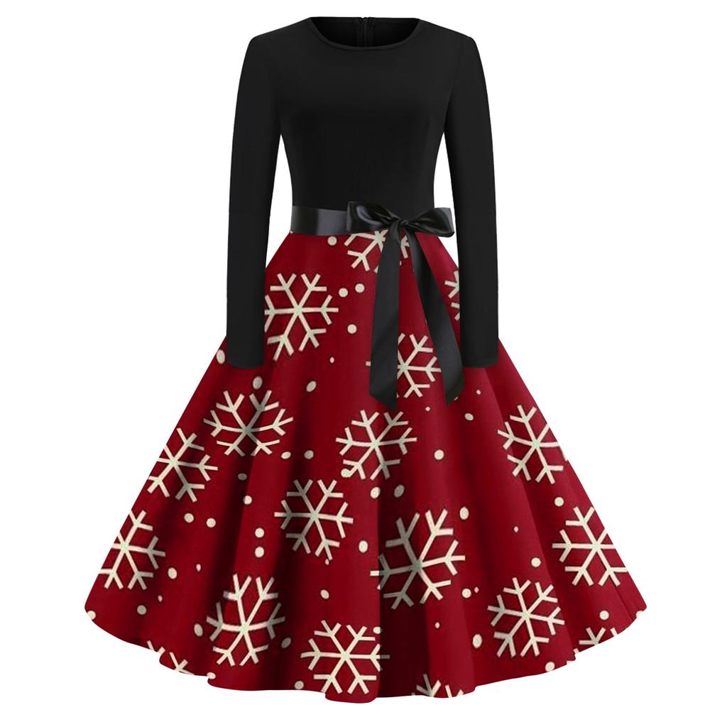 Women's Casual Fashion Round Neck Long Sleeve Christmas Printed Vintage Long Dress