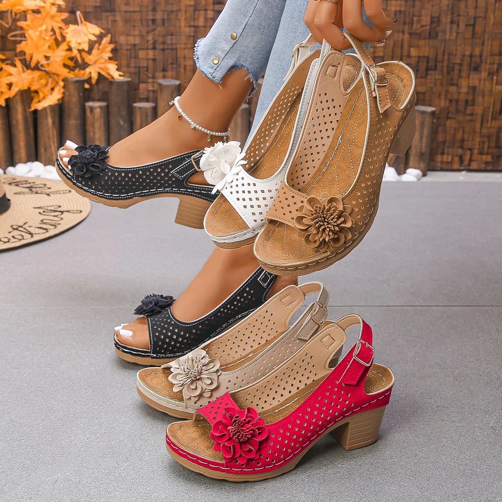 Fashion Fashion Flower Decor Square Heel Sandals Women Hollow Out Breathable Slingback Sandals Woman Summer Comfort Casual Beach Shoes