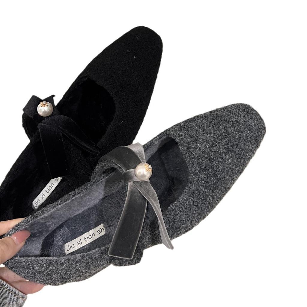 French Thick Heel Gray Single Shoes with Skirt Evening Shoes Women's Shoes 2025 Autumn and Winter Velvet Mary Jane Fluffy Shoes
