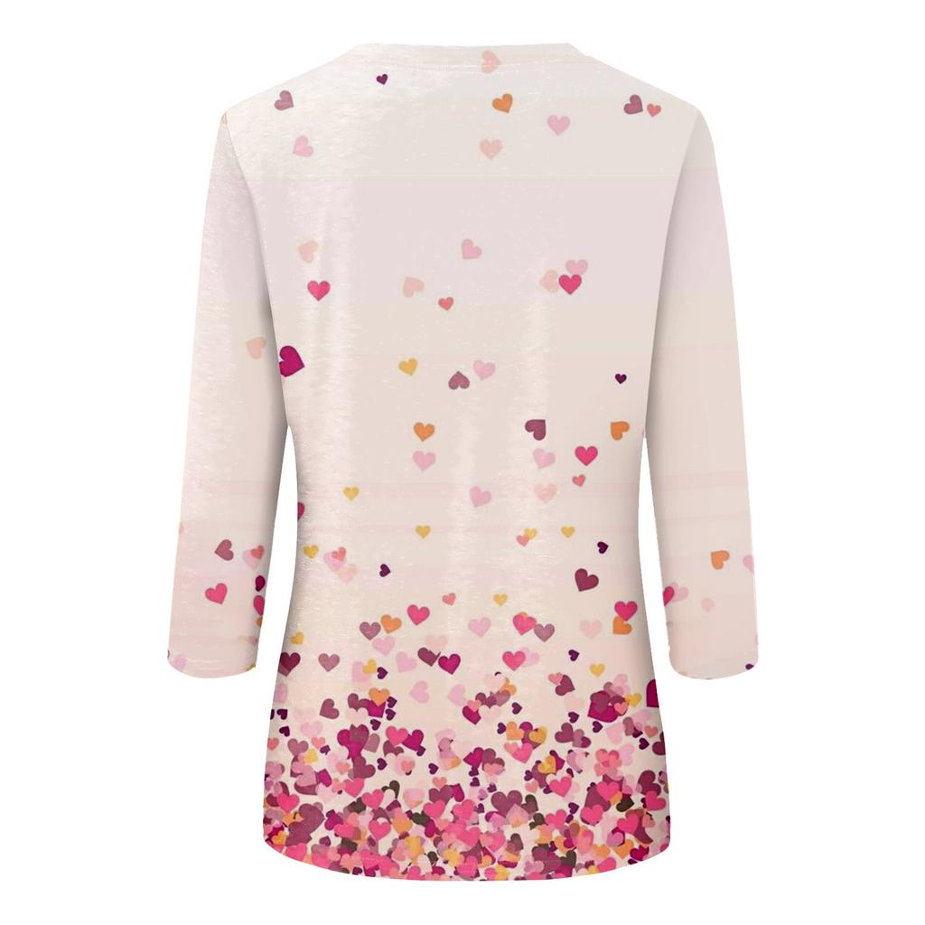 Женская мода, повседневная свободная футболка с принтом на День святого Валентина и круглым вырезом, рукав 3/4, женский топ