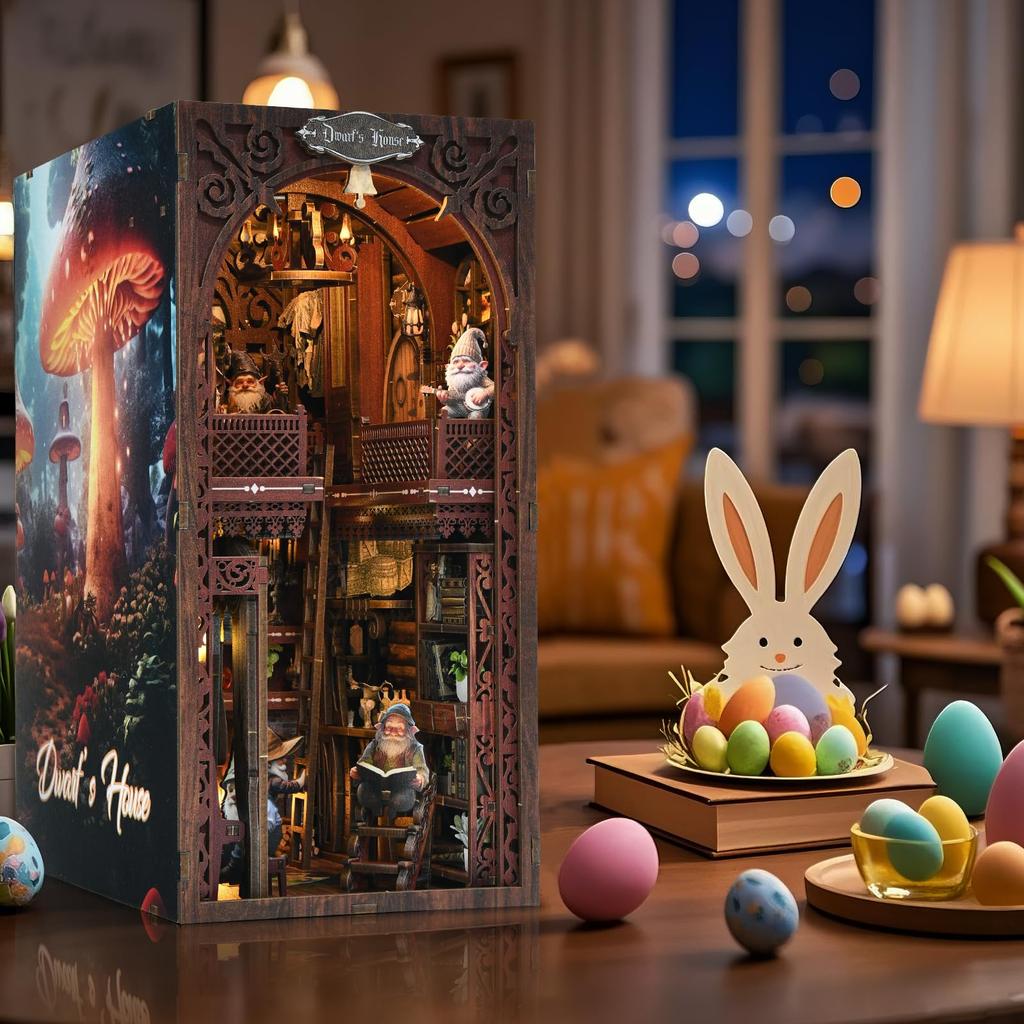 Набор для книжной полки - DIY 3D деревянный пазл миниатюрный кукольный домик книжная полка с книжными упорами и светодиодной подсветкой с сенсорным управлением "Веселый дом гнома"