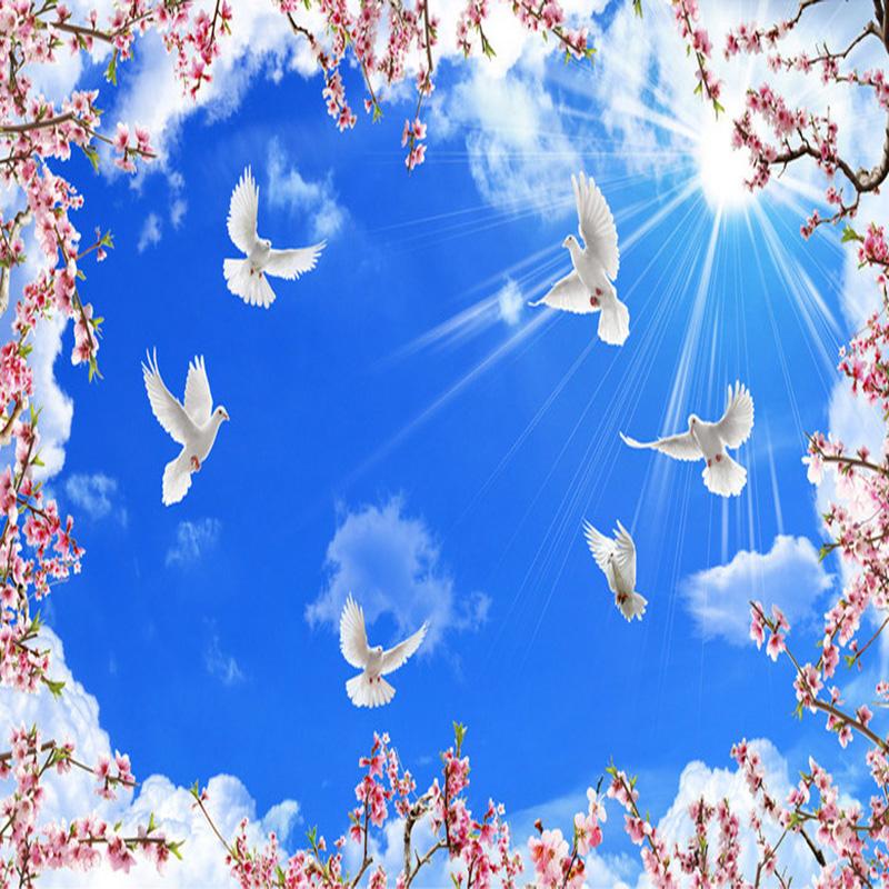 Фото обои потолок 3D голубое небо белые облака цветочные ветки белые голуби большая настенная живопись украшение гостиной