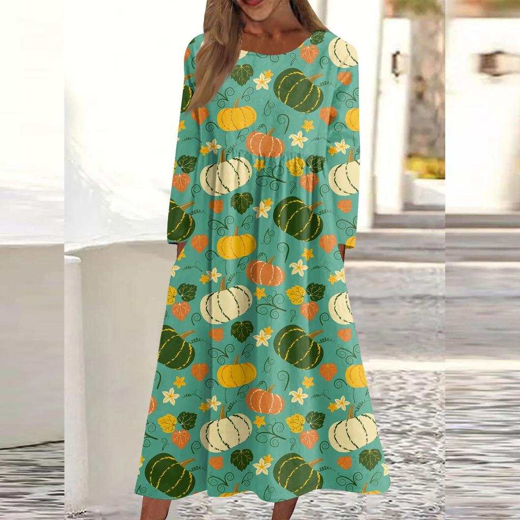 Women's Casual Crew-neck Halloween Print Mid-length Dress Long-sleeved Dress With Pocket