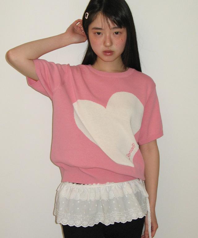 RONRON Big Heart Short Sleeve Knit Soft Pink