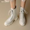 Зимние новые женские ботинки на шнуровке с круглым носком и толстой подошвой из натуральной кожи черного и белого цвета, универсальная обувь на платформе