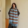 Elegant Blue and Brown Striped Acrylic Faux Cashmere Scarf for Women, Winter, Thick, Versatile, Warm, Double-purpose, Neck Warmer.