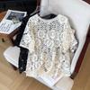 2025 New T-Shirt Women Knitting Lace O-Neck Hollow Summer Style Basic Tops Tees Loose Clothing