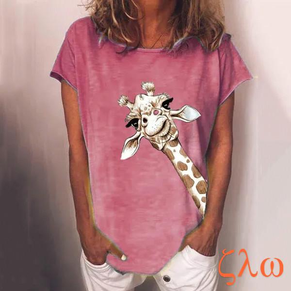Женские летние рубашки с круглым вырезом и принтом жирафа, модные хлопковые блузки с коротким рукавом больших размеров, топы S-3XL