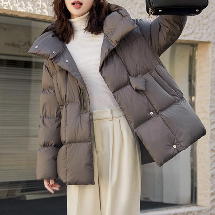 Пуховик с капюшоном женский зимний средней длины новый модный белый утиный пух большого размера