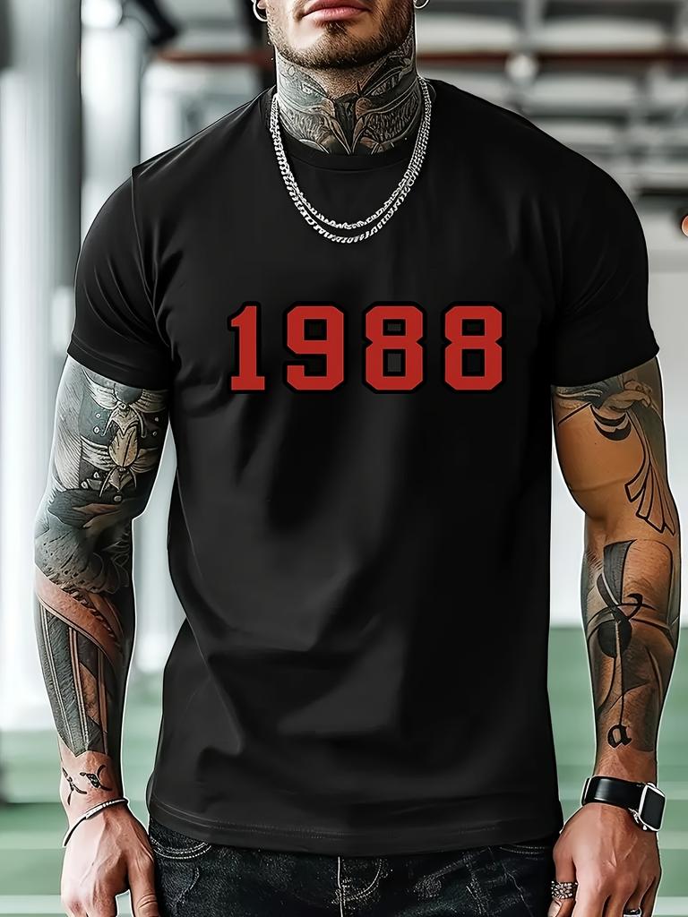 Casual Sport T-shirt with Bold 1988 Graphic Print - Summer Short Sleeve Round Neck Tee