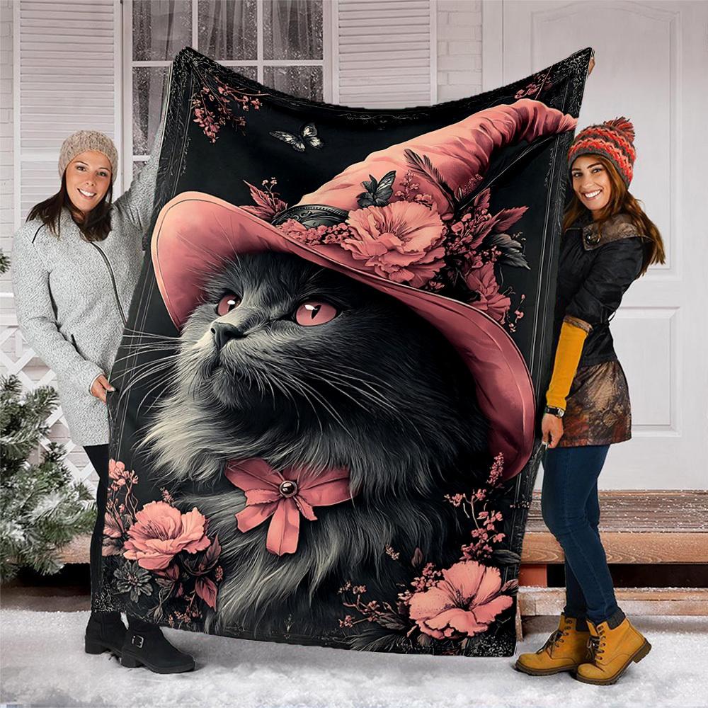 1pc Cat Hat Floral Throw Blanket Polyester Fiber, Lightweight Flannel, Soft & Warm, All Season Use for Outdoor, Camping Digital Print