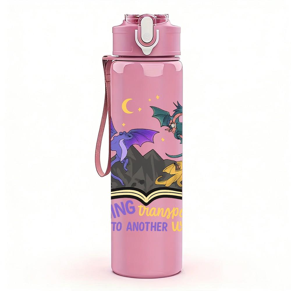 1PC Reading Dragon Quote Graphic 750ml Color Plastic Sports Water Bottle Leakproof Flip Straw Lid Suitable for Sports Office Home Use