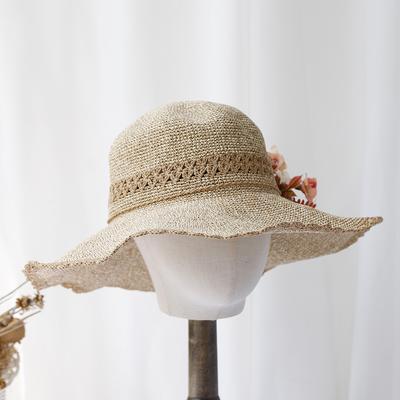 Ins Summerside Flower Holiday Raffia Grass Wide Brim Can Fold Lady Sun Cap Womens Casual Hat