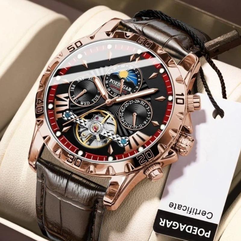 POEDAGAR Tourbillon Automatic Mechanical Wristwatch Waterproof Luminous Date Week Leather Men Watch Luxury Fashion Watches