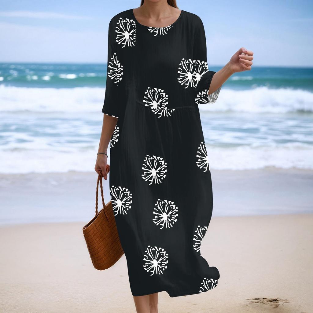 Женское модное платье свободного кроя с принтом, круглым вырезом и рукавом три четверти