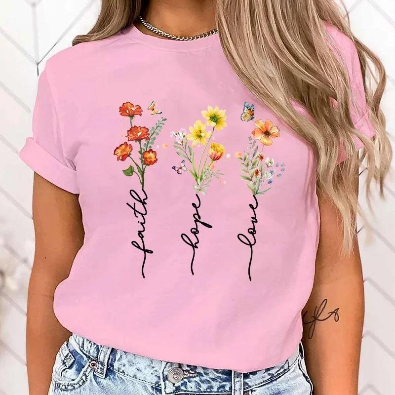 Новая футболка Faith Hope Love Flower Letter с 3D-принтом, женская летняя футболка с коротким рукавом, модная летняя повседневная футболка, женская повседневная футболка