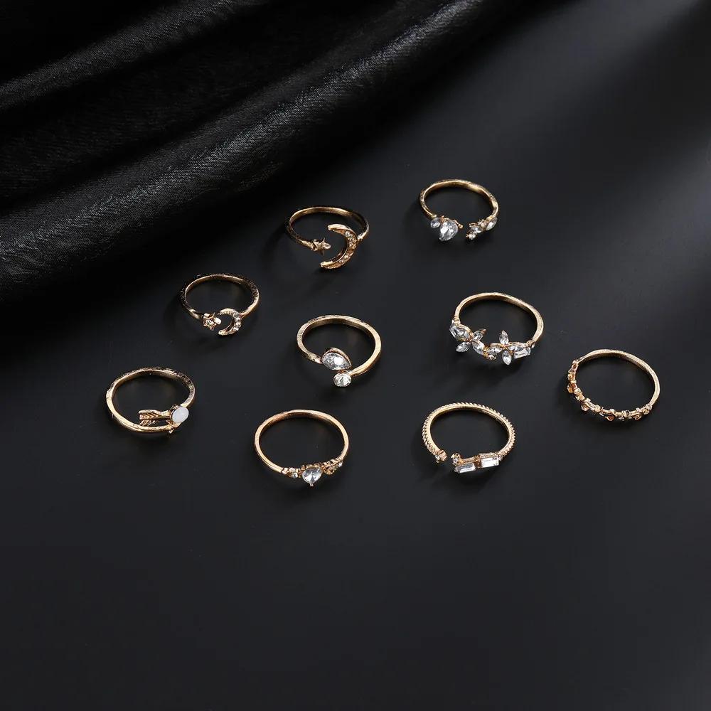 9Pcs/Set Vintage Gold Color Love Heart Butterfly Metal Rings Set for Women Simple Assembly Rings Paty Jewelry Gift Accessries