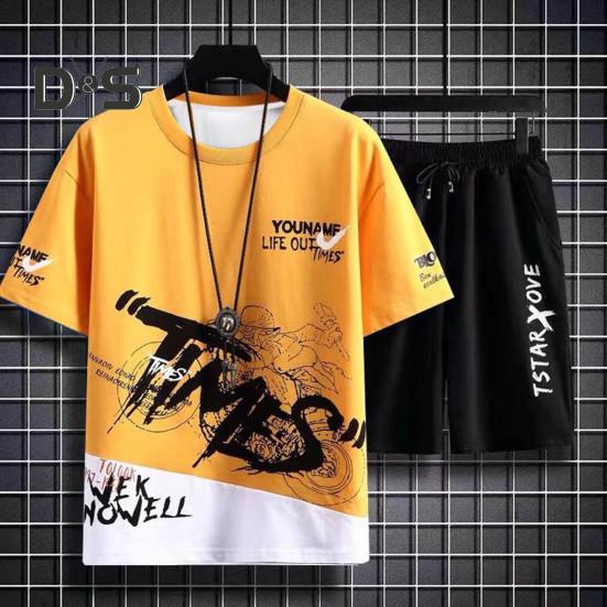 Мужской комплект летней спортивной одежды из 2 шт./компл., футболка с коротким рукавом и эластичным шнурком на талии, широкие шорты, комплект, повседневная одежда с буквенным принтом