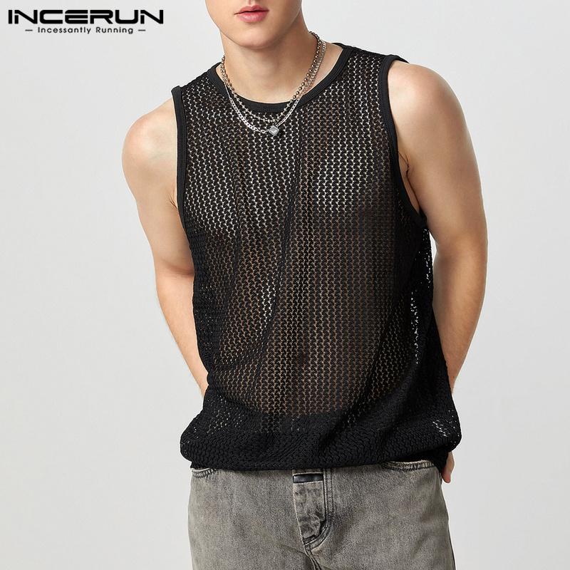 INCERUN Мужские безрукавные прозрачные майки-топы для пляжа с вырезами