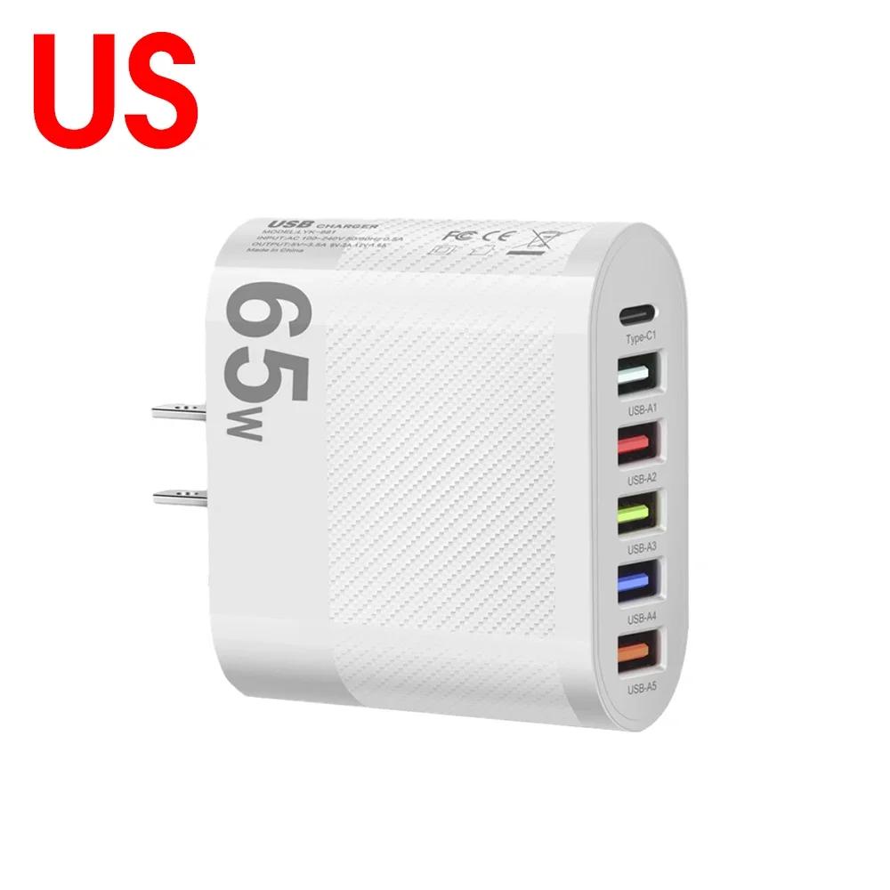 65W PD USB Charger 6 Ports USB Type C Charger Adapter Quick Charge 3.0 Fast Charging For iPhone 14 Samsung Xiaomi Mobile Phone