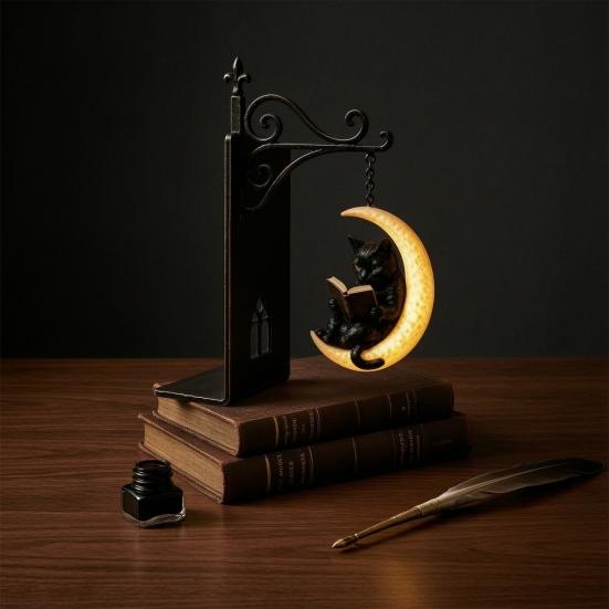 Декоративные металлические подставки для книг на полки. Готические с подвесным светом, Кот Ворон Призрак. Уникальные аксессуары для кабинета. Настольная лампа для книжной полки. Винтажные. Церковь